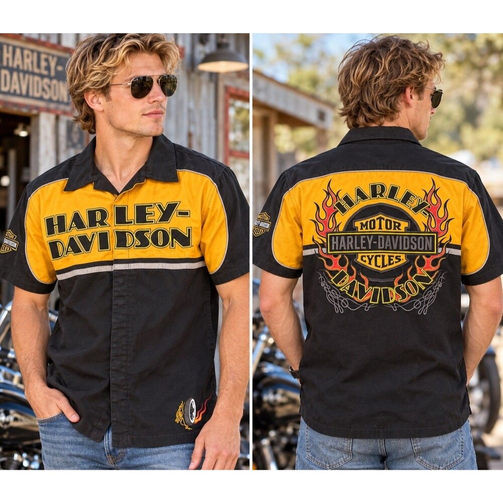 Harley Davidson Mechanic Shirt Embroidered Garage Snap Button Biker Flames Y2K S